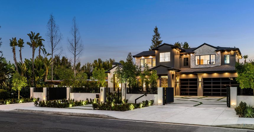 Modern luxury house exterior at dusk